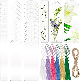 KLEBREIS 30 Pcs Clear Acrylic Bookmarks, Rectangle Blank Acrylic Bookmark Craft, Transparent Acrylic Book Markers with 30Pcs Colorful Tassels for DIY Projects and Graduation Gift Tag