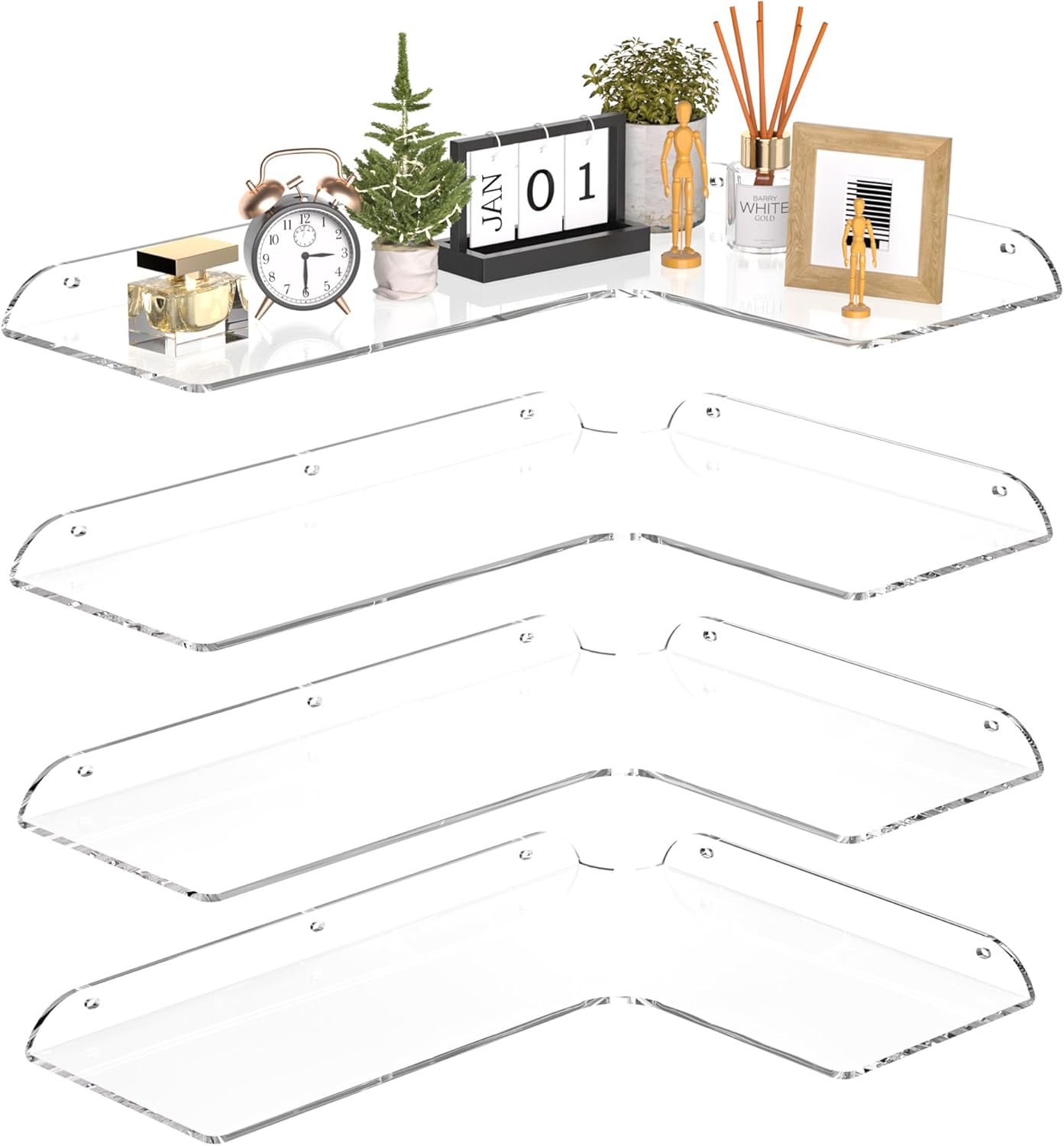 11.4x16 Inch Acrylic Corner Floating Shelf Set of 4, Clear Corner Wall Shelf for Home Décor, Speakers, Security Cameras, Toileries, Plants, Figures, Cosmetics, Books