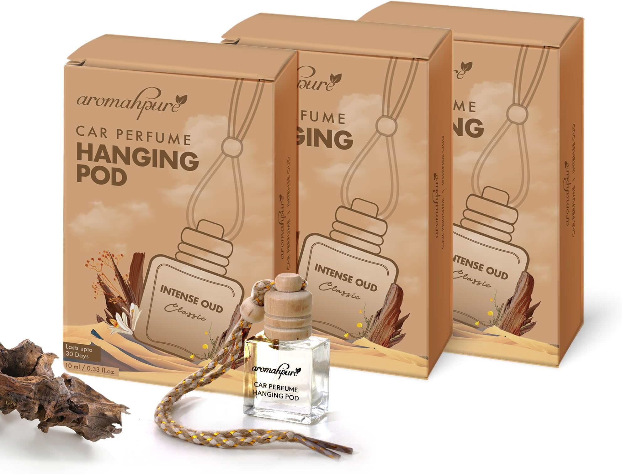 Aromahpure Premium Car Perfume Hanging Pod |10 ML |Oudh Fragrance Car Air Freshener |Natural Fragrance Oils in Glass Bottle with Wooden Diffuser Lid |Last upto 30 Days (Pack of 3), IFRA certified