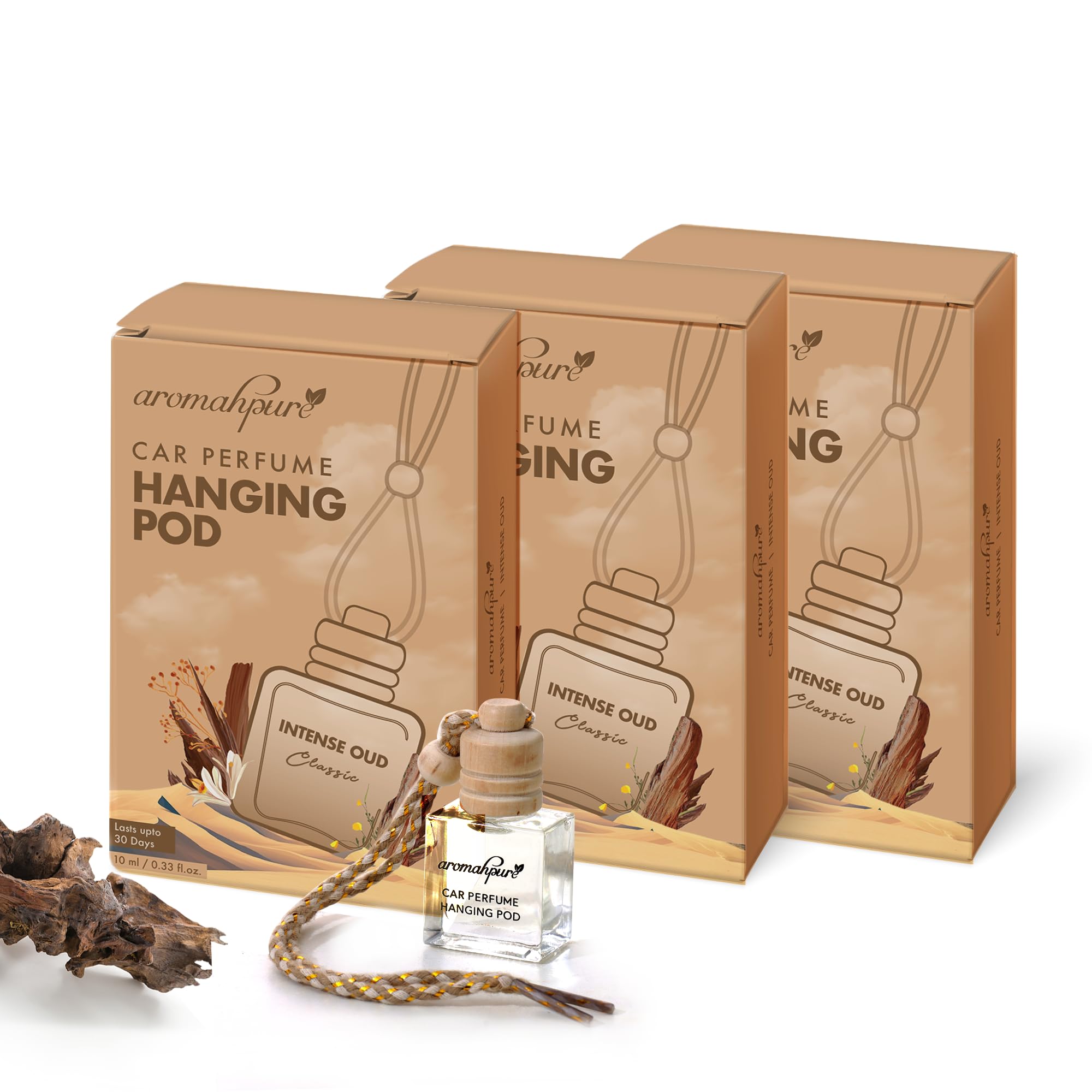 Aromahpure Premium Car Perfume Hanging Pod |10 ML |Royal Oudh Fragrance Car Air Freshener |Natural Essential Fragrance Oils in Glass Bottle with Wooden Diffuser Lid |Last upto 60 days (Pack of 3)