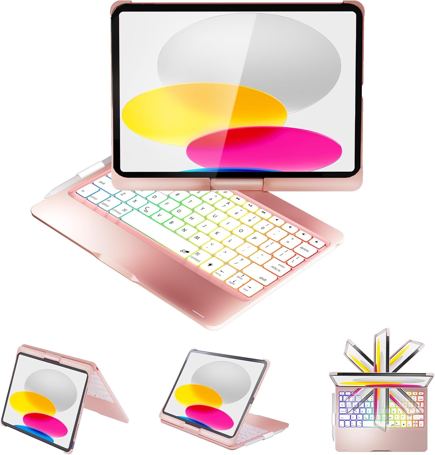 BABG Keyboard Case for iPad 10th Generation&iPad 11th(A16,2025),iPad Air 11/iPad Pro 11 inch Keyboard&iPad Air 5th/Air 4th Keyboard,Non-Trackpad,360°Swivel,7 Use Modes,Backlight-Pink