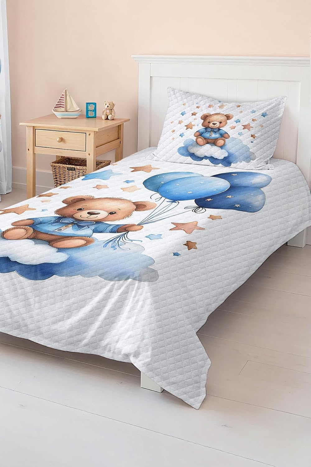 SODEF Bedding Set Twin Size Balloon and Bear Pattern Blue Kids and Teens Room Quilt Set Lightweight Breathable Cotton Polyester Blend 2 Piece - Multicolor, One Size