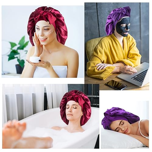 Miniatura 10 de Arqumi 2 piezas de gorro de seda satinada para mujeres durmiendo, banda de lazo grande y larga, ajustable, gorro de noche para hombres, negro y