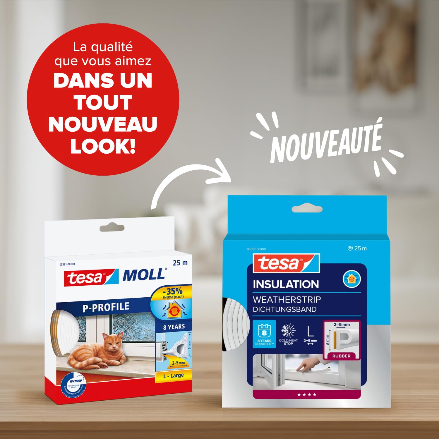 tesa INSULATION Joint en caoutchouc L - Joint autocollant pour l'isolation des fentes sur les fenêtres et les portes - Blanc - 25 m x 9 mm x 5,5 mm