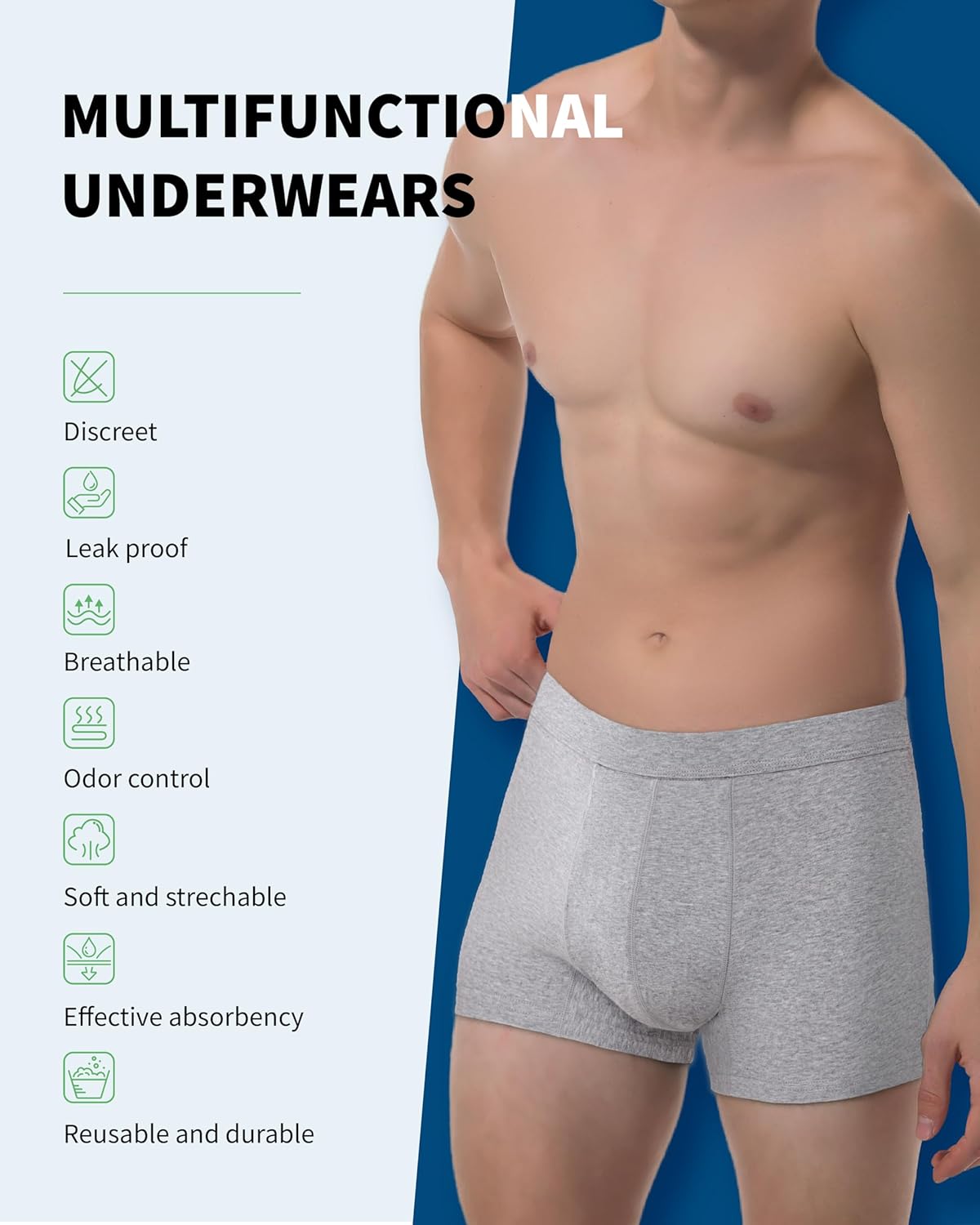 Washable Incontinence Underwear for Men, 2.3 oz Leak Proof Absorbent Protective Briefs for Bladder Control 1 Pack (Gray, XL) - Image 2