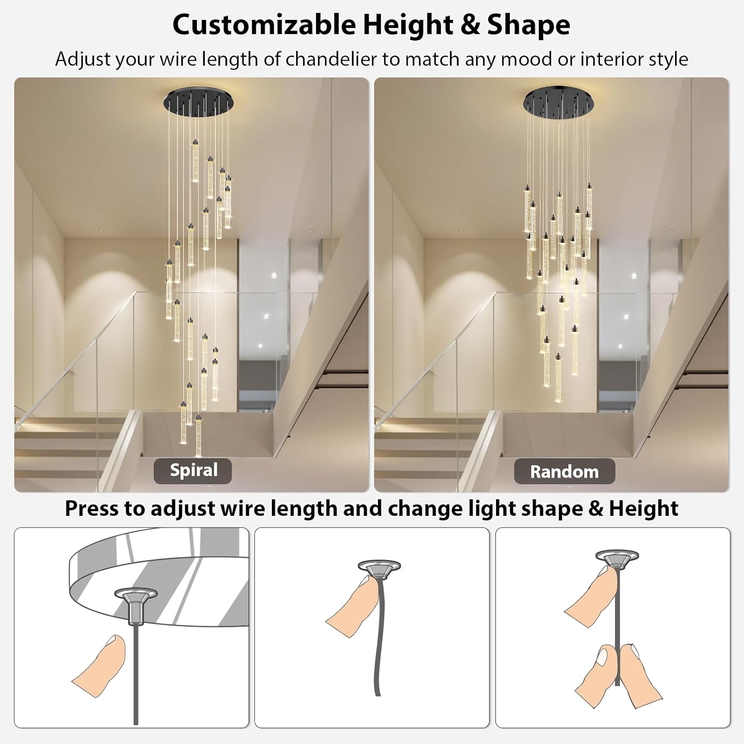 Modern LED High Ceiling Chandelier: 20 Lights Crystal Bubble Dimmable With Remote - Large Spiral Hanging Long Pendant Light Fixture Flush Mount Chandeliers For Entryway Foyer Staircase Living Room