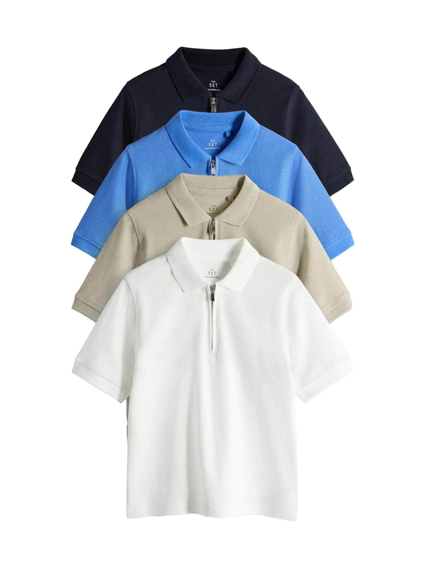 THE SET Garçon Polo à Manches Courtes et col zippé en Jersey texturé, Lot de 4