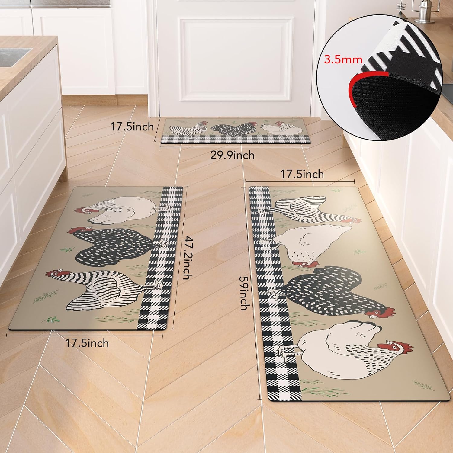 XLHOMO Chicken Design Kitchen Mats for Floor 3 Pieces Set, Non Slip Cushioned Runners Waterproof Comfort Kitchen Rugs and Mats Farmhouse Chef Mat Carpet for Sink,Laundry Room