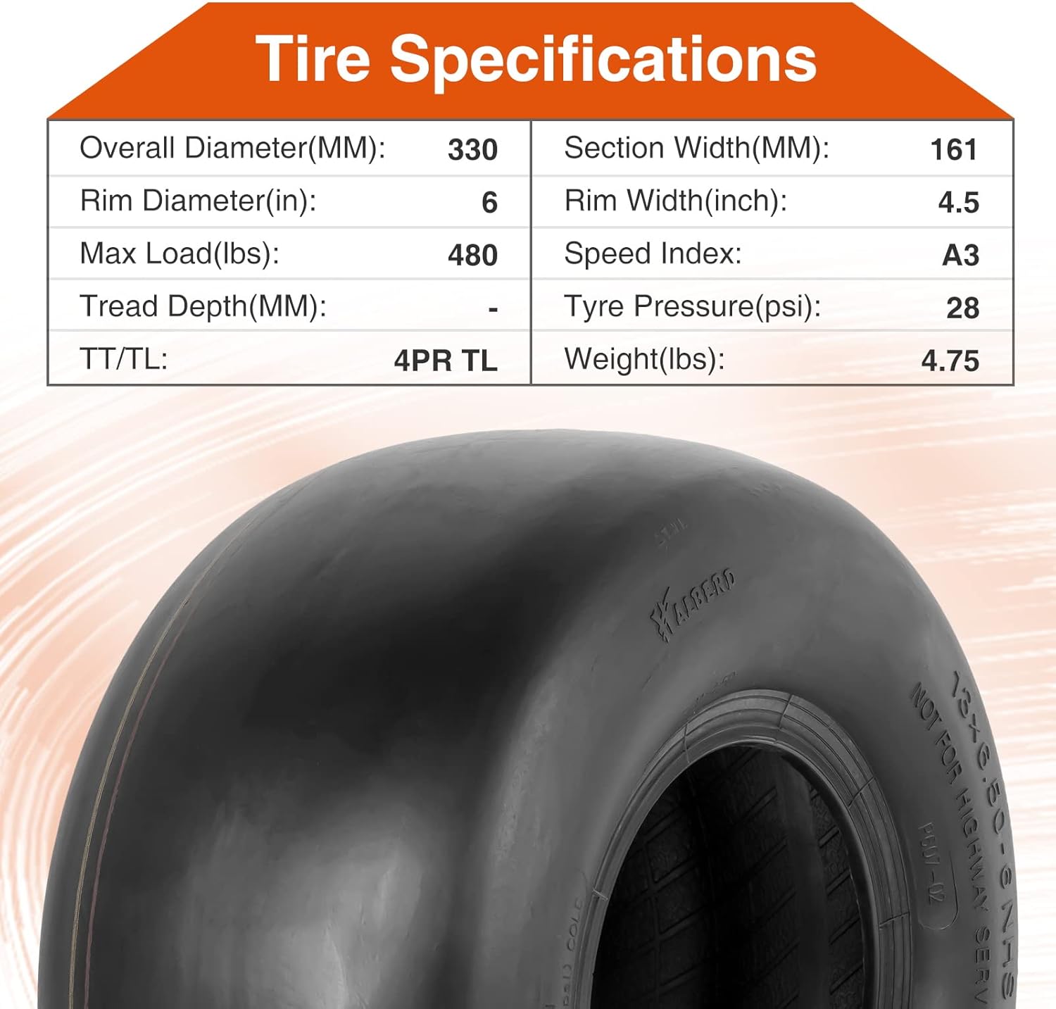 HALBERD 13x6.50-6 Lawn Mower Tires 4PR Smooth Tread Turf Friendly Lawn & Garden Tires, 13x6.5x6 Garden Tractor Tires, Tubeless, Set of 2
