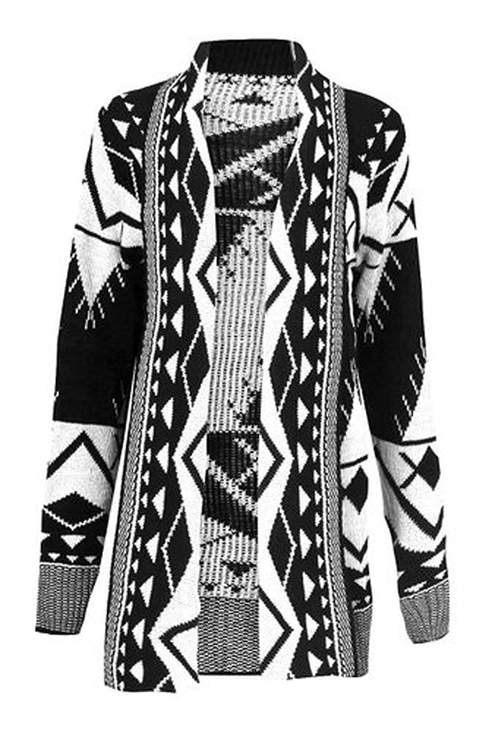 GirlzWalk@ Womens Long Sleeve Front Open Aztec Winter Jumper Top Ladies Knitted Cardigan (Black/White, XXL)