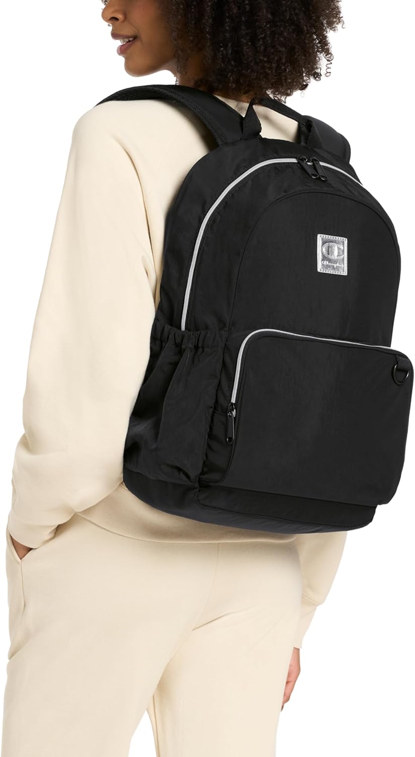 Champion Venice Laptop Backpack in Crinkle Nylon with Padded Adjustable Straps, Water Bottle Pocket for Work, Travel, Commute, Black, One Size - Image 5