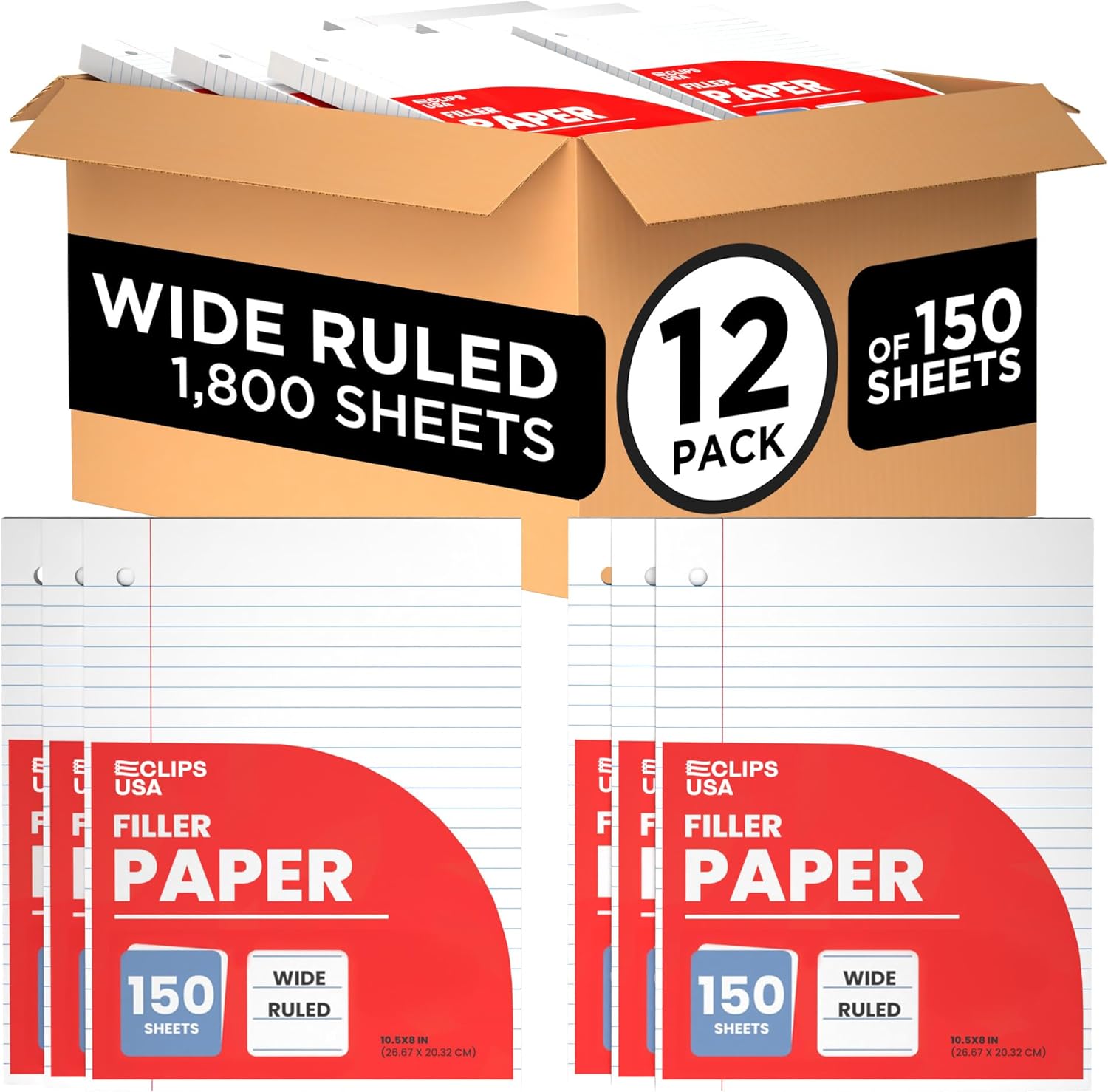 Wide Ruled Loose Leaf Paper Wide Ruled Notebook Paper Lined Writing Filler Paper 10.5” x 8” 56 gsm 1800 Sheets 150 Sheet Per Pack (12 Pack)