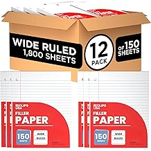 Wide Ruled Loose Leaf Paper Wide Ruled Notebook Paper Lined Writing Filler Paper 10.5&rdquo; x 8&rdquo; 56 gsm 1800 Sheets 150 Sheet Per Pack (12 Pack)