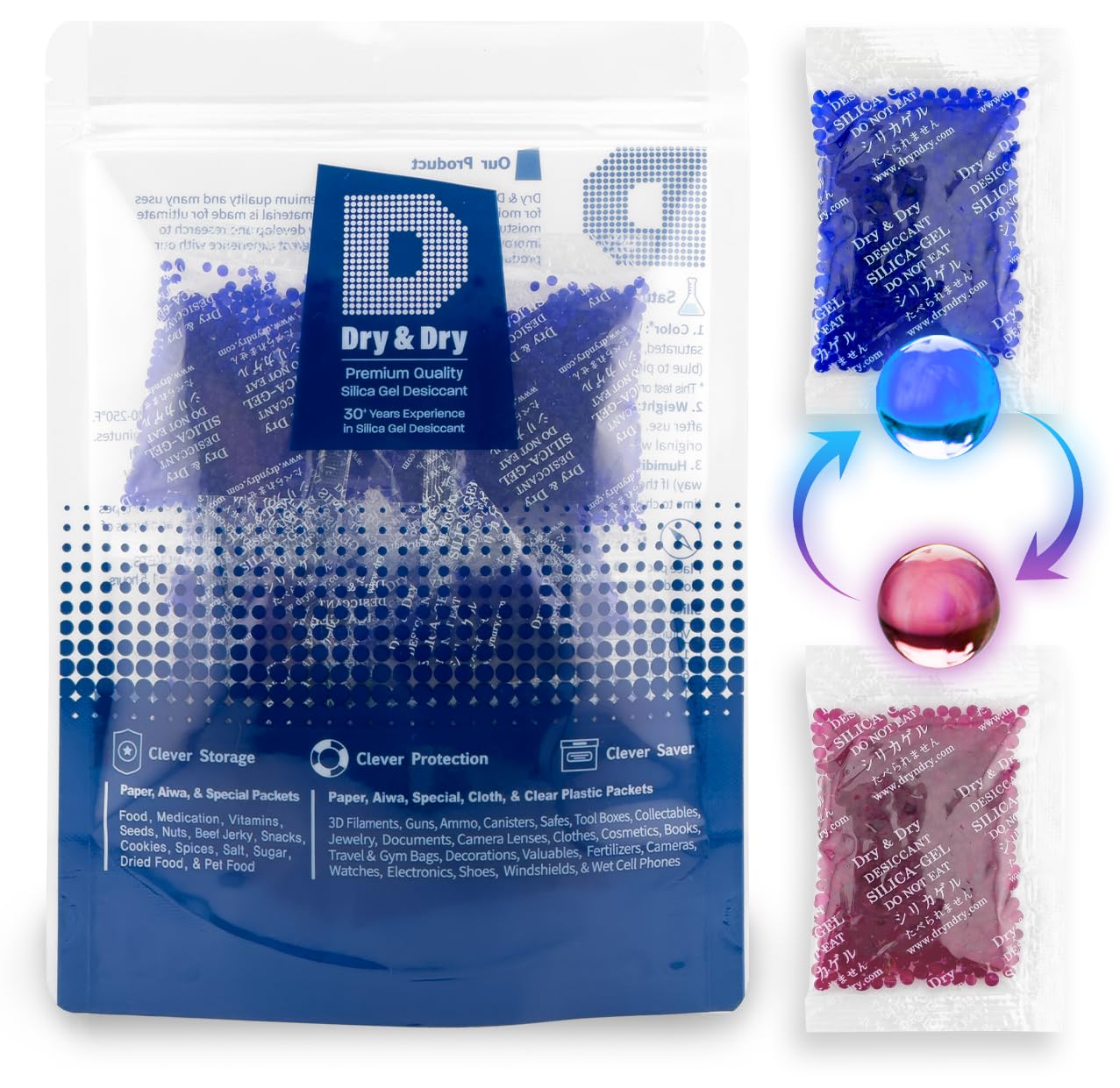 Dry & Dry 10 Gram Blue Indicating Silica Gel Packs - 100 Rechargeable Packets