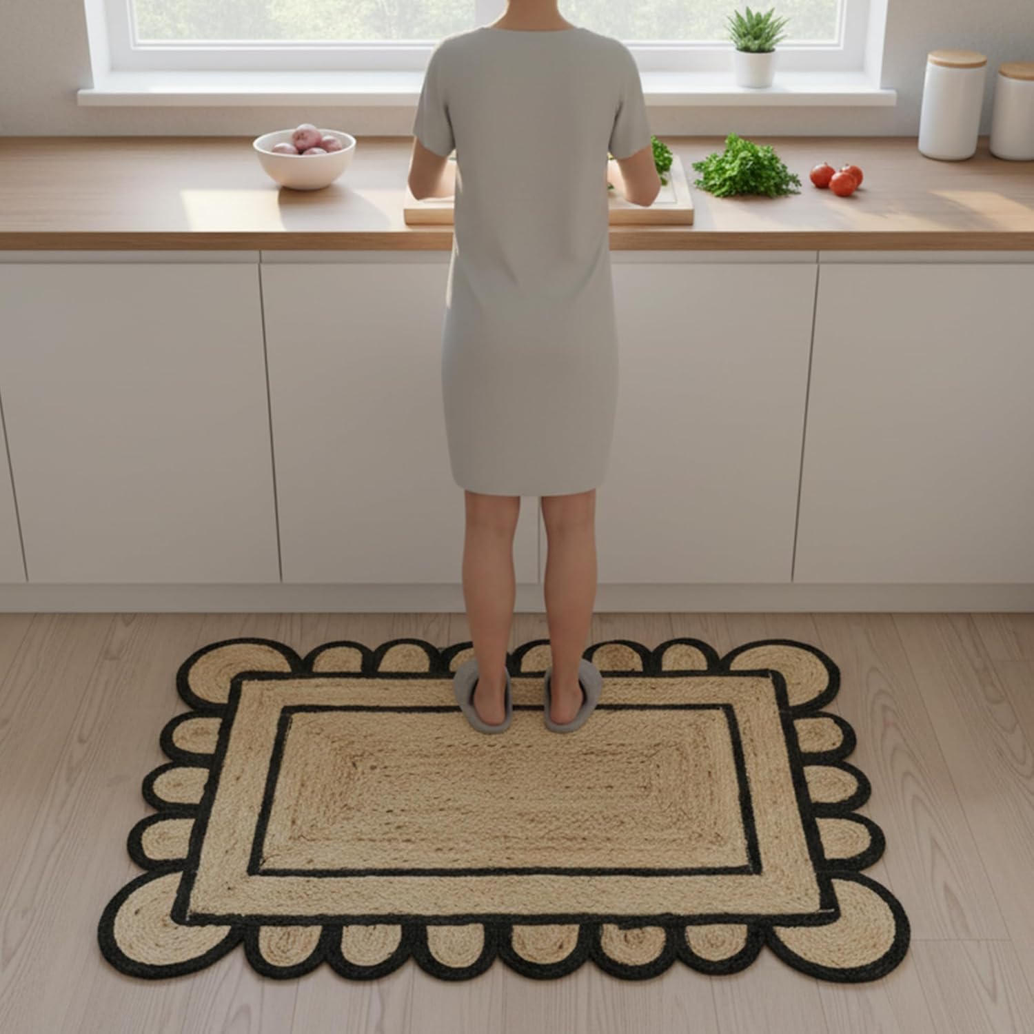 Braided Scalloped Jute Rug Natural with Black Trim, Handmade Farmhouse Boho Area Rug for Entryway, Kitchen, Hallway, Living Room, Bedroom, Rustic Woven Floor Rug - (Black- 2X3 ft)