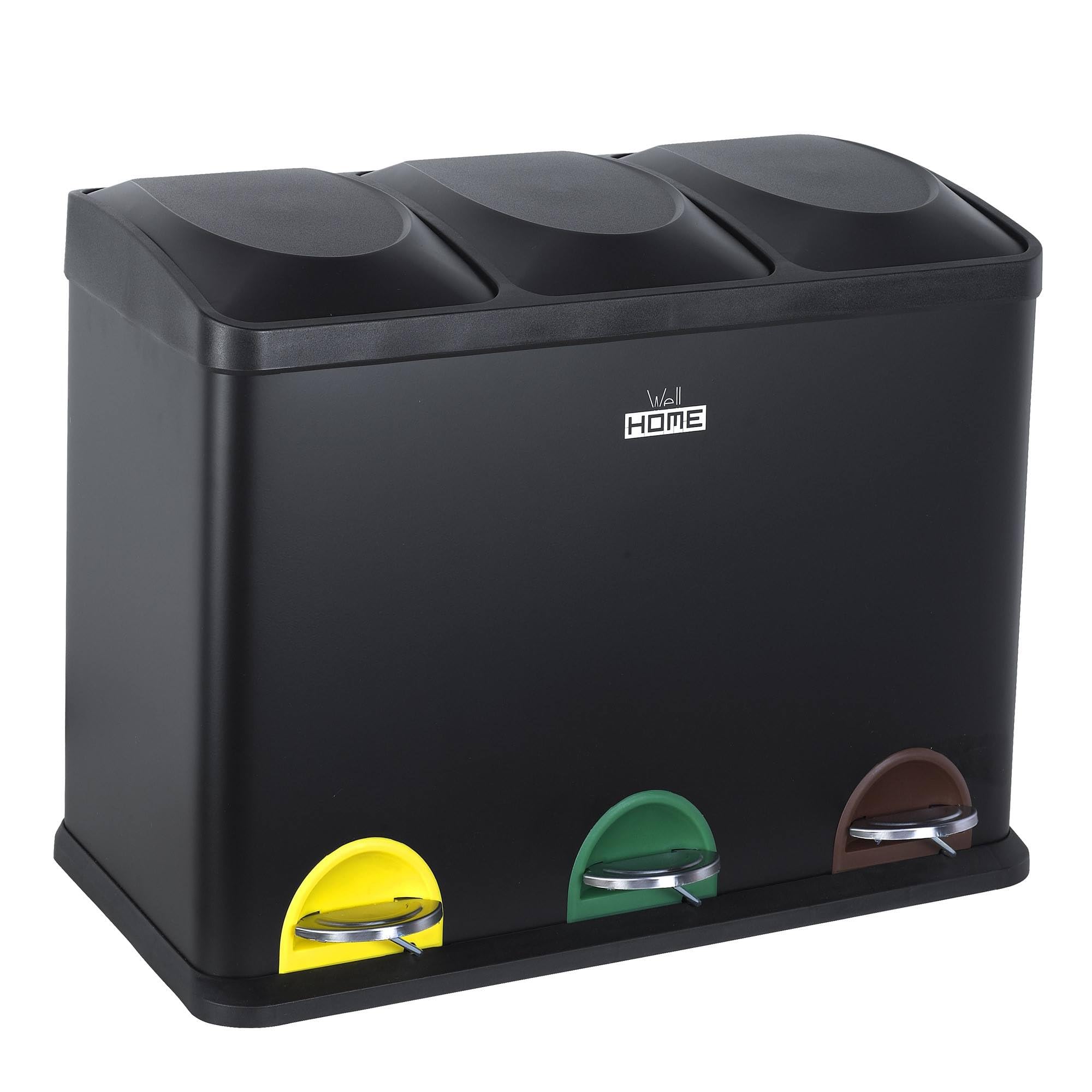 WELL HOME MOBILIARIO & DECORACIÓN Cubo de reciclaje Negro 45L 3 compartimentos + Rollo de 20 bolsas basura autocierre de 20L