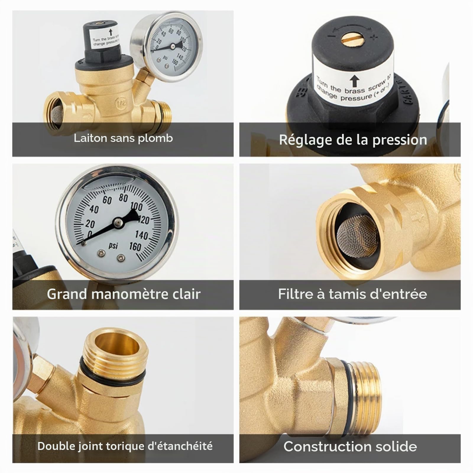 3/4 Pouce Reducteur de Pression Eau, Reducteur de Pression Avec Manometre Pression Eau Et Filtre à Mailles, RéDucteur de Pression D'Eau En pour Robinets D'Irrigation de Jardin de Chauffage au Gaz