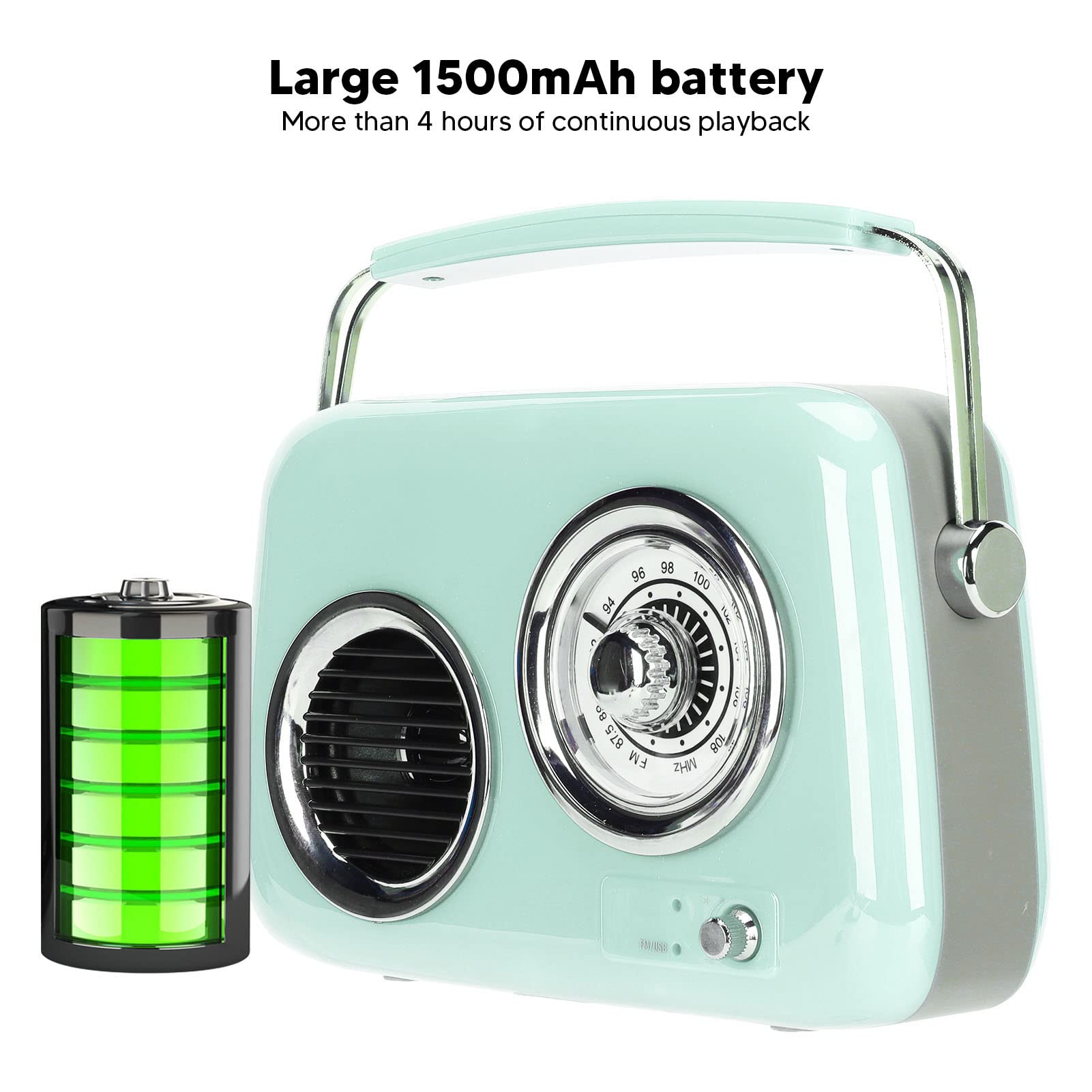 Haut-Parleur Radio FM Rétro, Haut-Parleur Radio Portable, Son Stéréo HiFi, Bluetooth 5.0, Réglage Manuel (Menthe Verte)