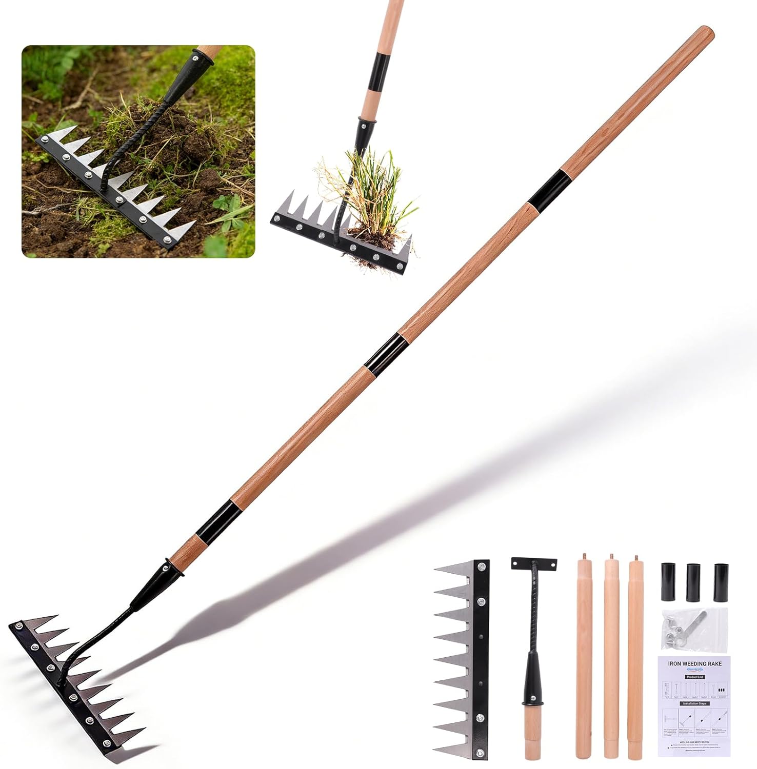 Gardenia Iron Weeding Rake with Handle 3.0,Heavy Duty Iron Rake for Gardening and Weeding,2026 Upgraded 9-Tine Garden Weed Puller Tool, Garden Weed Rake Tool for Removing Weeds,Soil Aeration (9 Teeth)