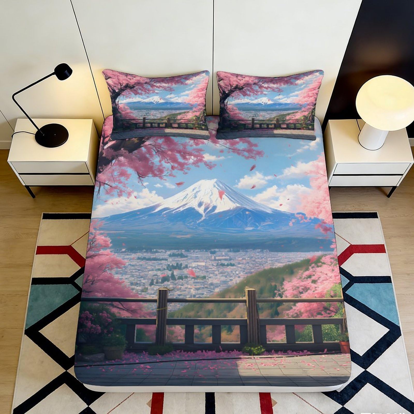 3D Printed Sakura Blossom Fitted Sheet Microfiber Soft Scenic Mount Fuji Bed Cover for Bedroom Guest Room Decor 90x200x25cm