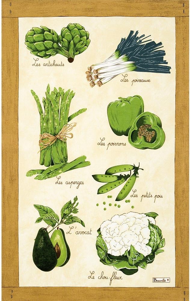 Beauville, Legumes Verts (Green Vegetables) French Kitchen/Tea Towel, Silk Screen Hand Printed, 82 Percent Cotton / 18 Percent Linen