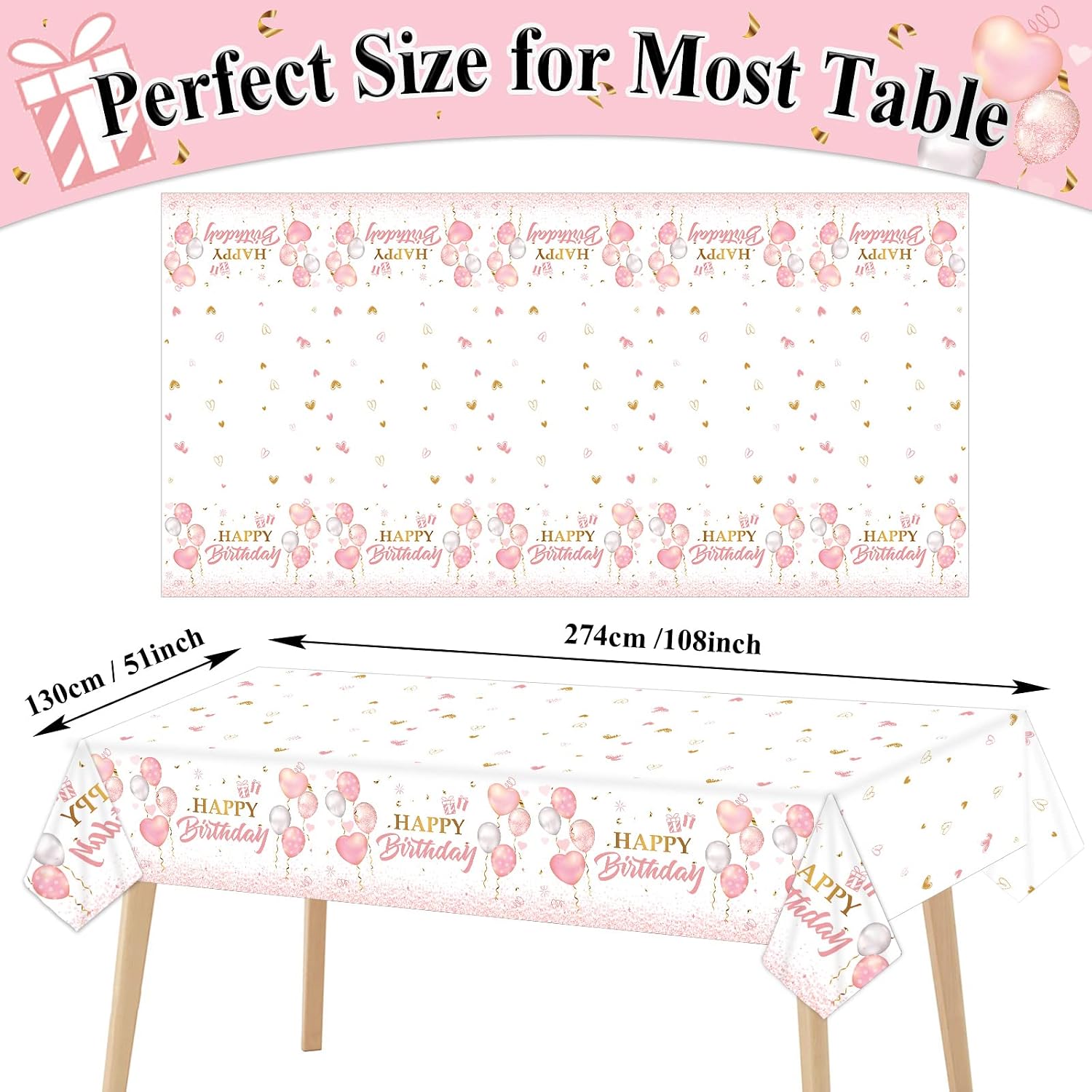 3 Pieces Pink Rose Gold Tablecloth for Rose Gold Birthday Decoration Plastic Disposable Party Table Covers for Rectangle Tables Girl Women Parties Happy Birthday Wedding Party Favors, 54 x 108 Inches