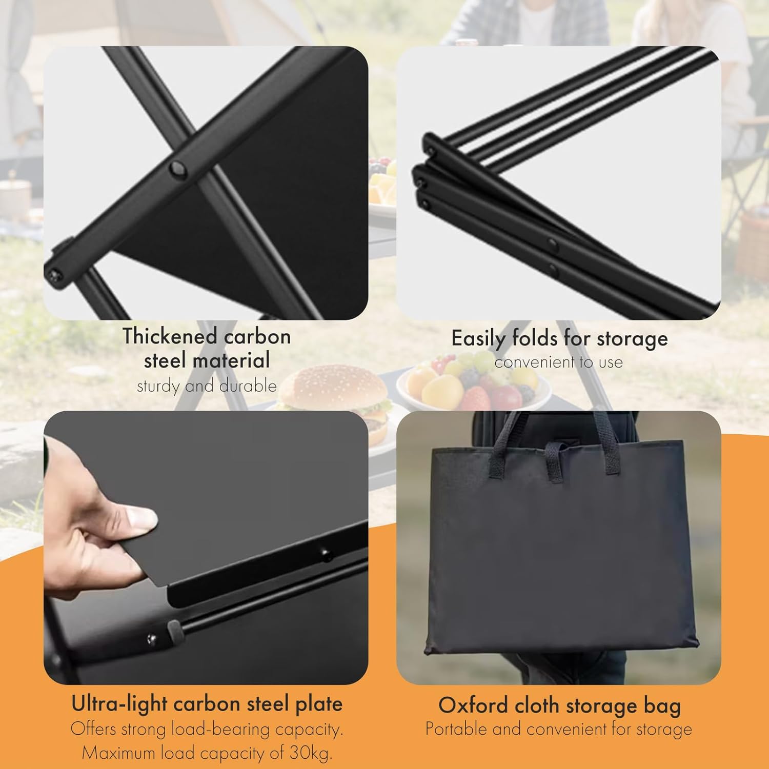 Outdoor Camping Table - 3-Tier Foldable Carbon Steel Picnic Table, Multi-Functional Storage Rack with Oxford Bag, 30KG Load Capacity,Djustable Metal Shelving Unit