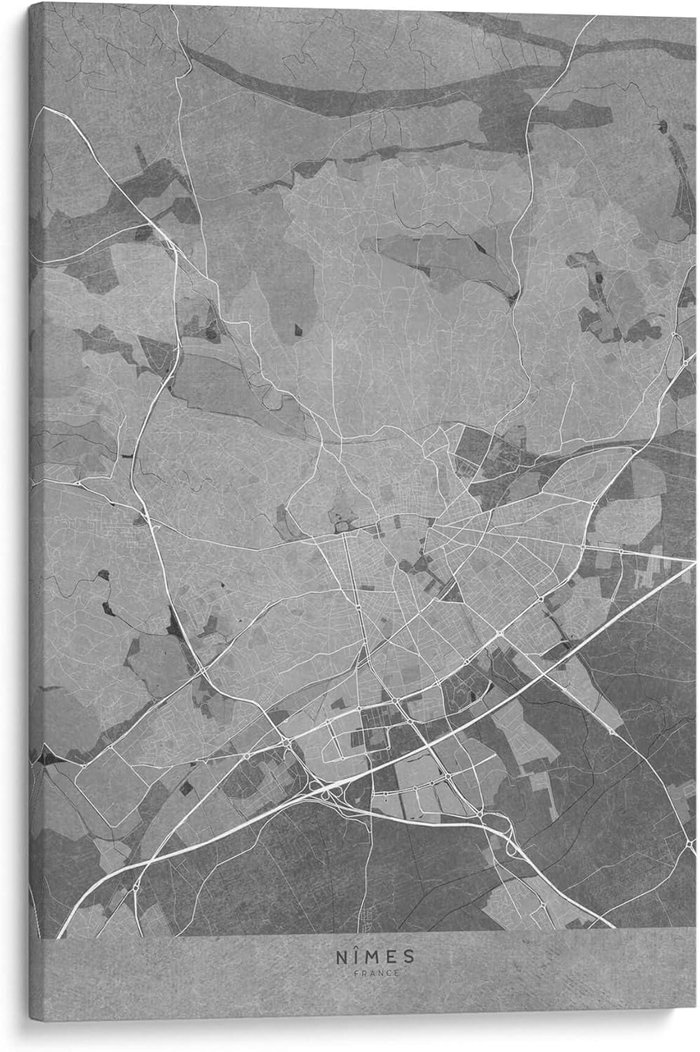 Canvas Lab | Gray vintage map of Nimes France by Rosana Laiz Blursbyai | 18 x 24 in | Canvas Print Wall Art | Black and White, Cities, Maps, Travel, European, Vintage