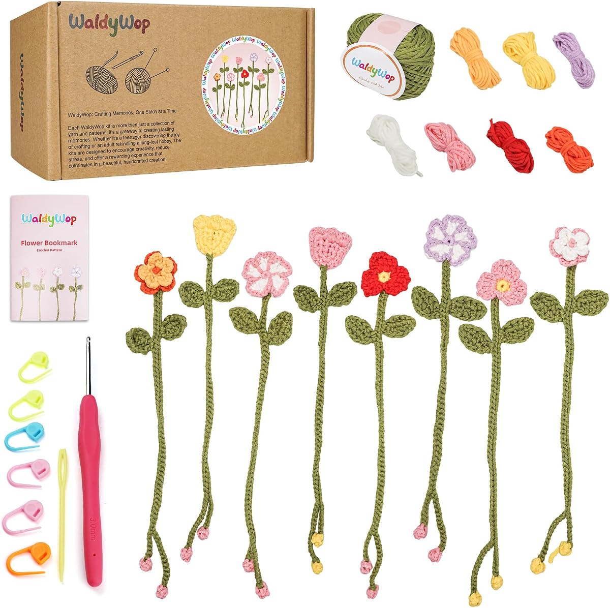 WaldyWop Crochet Kit for Beginners: 8 Flower Bookmarks Knitting Kit w/Video | Step-by-Step Video Tutorials, Soft Yarn & Hook, Easy Wobbles DIY Art Craft Kit for Adults, Birthday Gifts for Women Teen