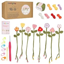 WaldyWop Crochet Kit for Beginners - 8 Flower Bookmarks Knitting Kit w/Step-by-Step Video Tutorials & Soft Yarn, Hook - Wobbles DIY Art Craft Kit for Adults, Birthday Gifts for Women Teen