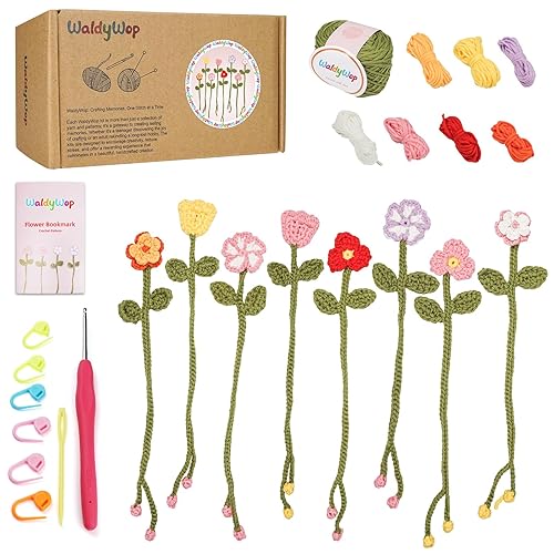 WaldyWop Crochet Kit for Beginners: 8 Flower Bookmarks Craft Knitting Kit for Adults Kids w/Step-by-Step Video Tutorials & Soft Yarn, DIY Art Hobby Kits, Christmas Birthday Gifts for Teen Girls Women - Flower Bookmarks