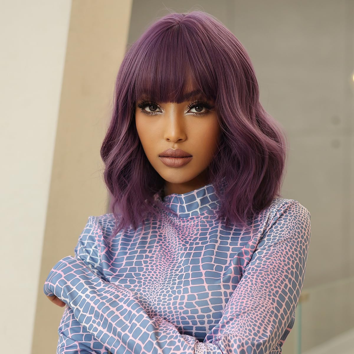 testar Purple Wavy Wig With Bangs Women's Short Curly Wavy