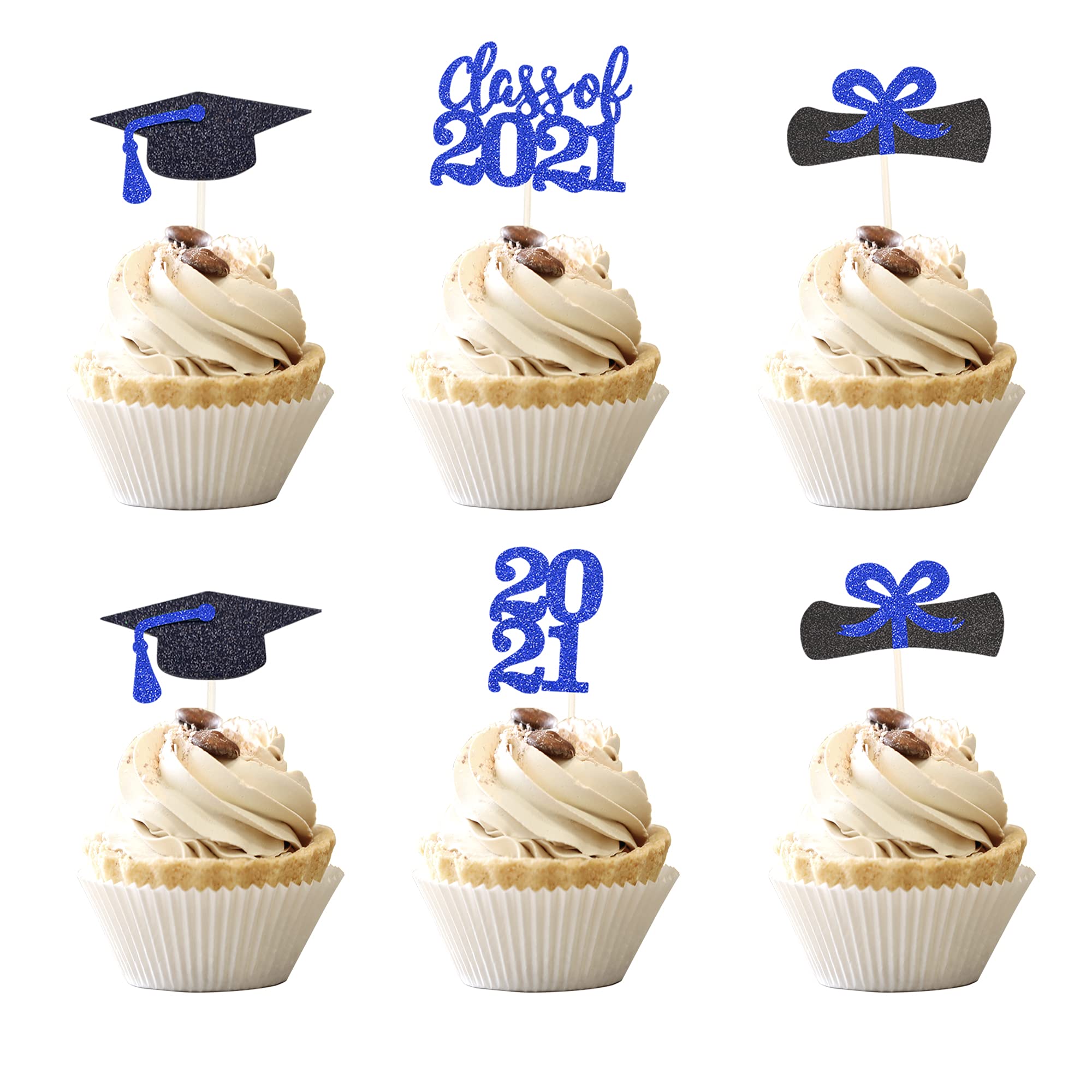 36 PCS 2025 Graduation Theme Cupcake Toppers Glitter Class of 2025 Graduation Cap Diploma Cupcake Picks 2025 Graduation Theme Party Cake Decorations Supplies Deep Blue