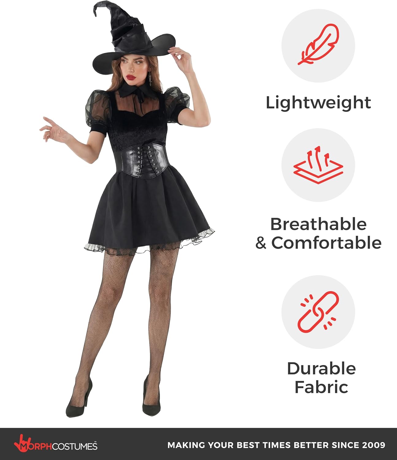 Morph Black Witch Costume Womens With Hat, Black Witch Dress For Women, Halloween Costumes For Women Adult