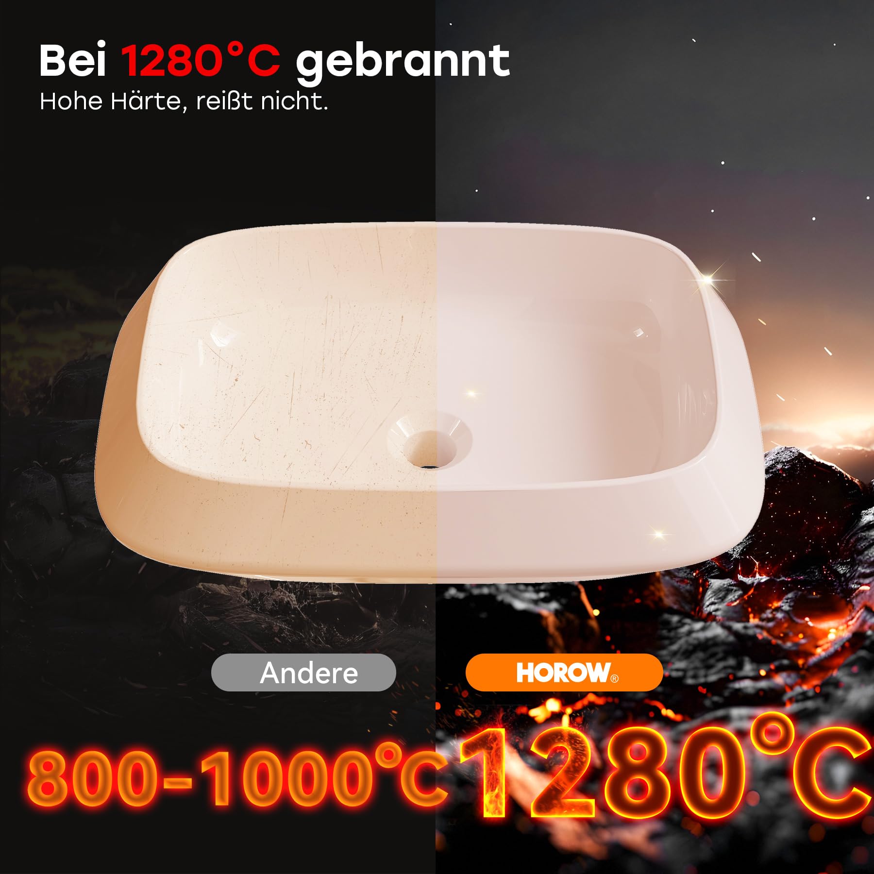 HOROW Lavabo da bagno, bordo sottile, lavabo da appoggio, moderno | Lavabo rettangolare bianco senza foro per rubinetto, piccolo lavandino per ospiti WC bagno, 52 cm
