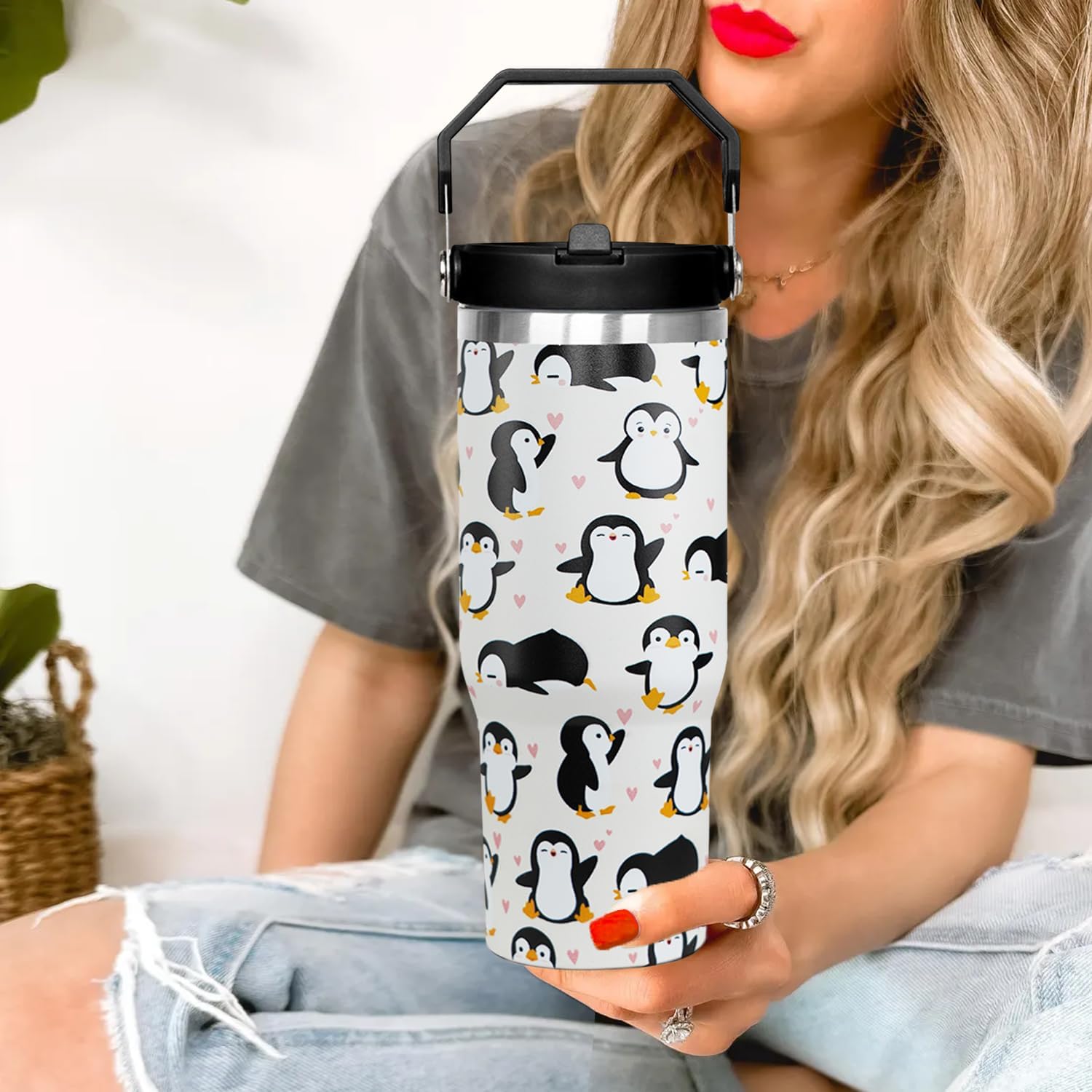 30oz Penguin Flip Tumbler Coffee Travel Mug Cup Water Botter, with Handle lid and Straw,Fall Gifts for Women,Penguin Stuff Decor Accessories - Image 7