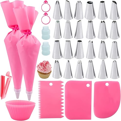 Juego de 36 bolsas rosadas y puntas, 24 boquillas de acero inoxidable con 2 bolsas de pastelería de silicona reutilizables, glaseado suave, tazas de