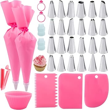 36Pcs Pink Piping Bags & Tips Set,24 Stainless Steel Nozzle Icing Tips With 2 Reusable Silicone Pastry Bag,Icing Smoother,Silicone Baking Cups,2Couplers Cake Decorating Tools Kit For Baking Decorating