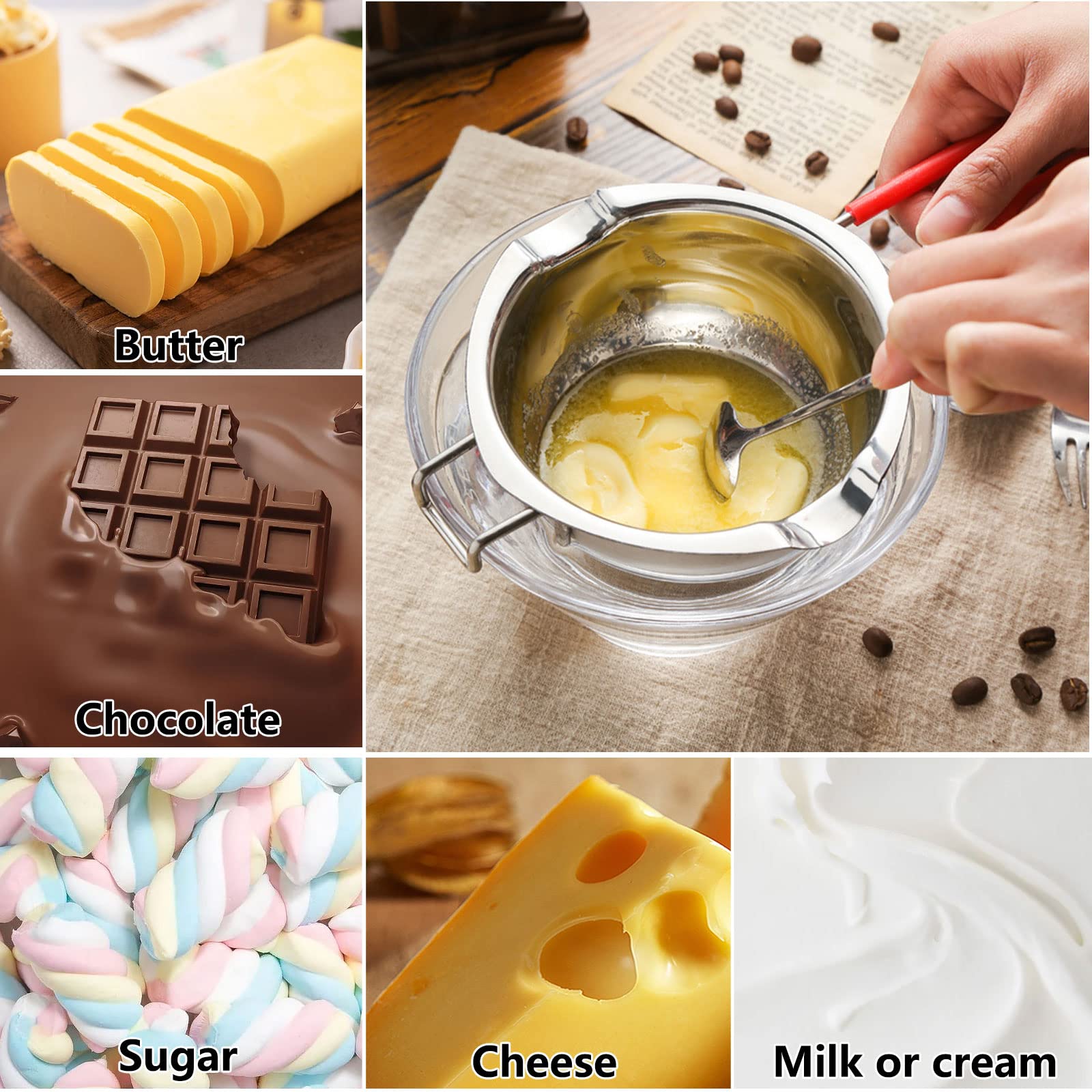 ZOFUN - Caldaia doppia da 600 ml, in acciaio inox 304, con pentola riscaldante da 16 cm e raschietto in silicone, kit per sciogliere cioccolato, formaggio, caramelle, burro, candele, sapone