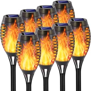 EOYIZW 8-Pack Solar Flickering Flame Torch Lights, 12 LEDs IP65 Waterproof Tiki Torches for Garden Patio Yard Outdoor Decor