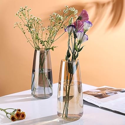 TIED RIBBONS Set Of 2 Trumpet Glass Vases For Flowers Home And Office Decor Living Room Bedroom Table Top Decorations( Golden And Brownish)