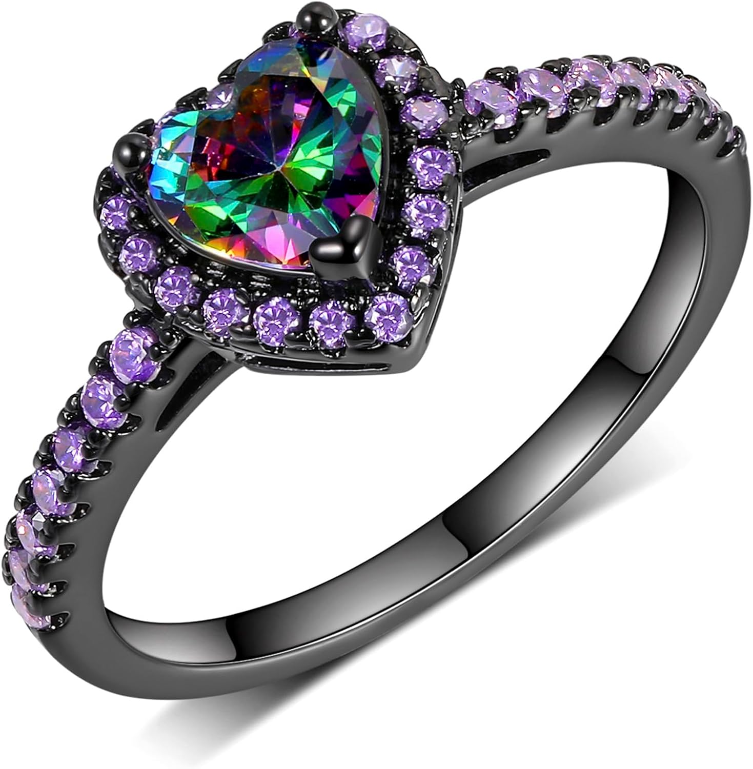 18K Black Gold Plated Heart/Square Mystic Topaz Halo Engagement Promise Eternity Ring for Women