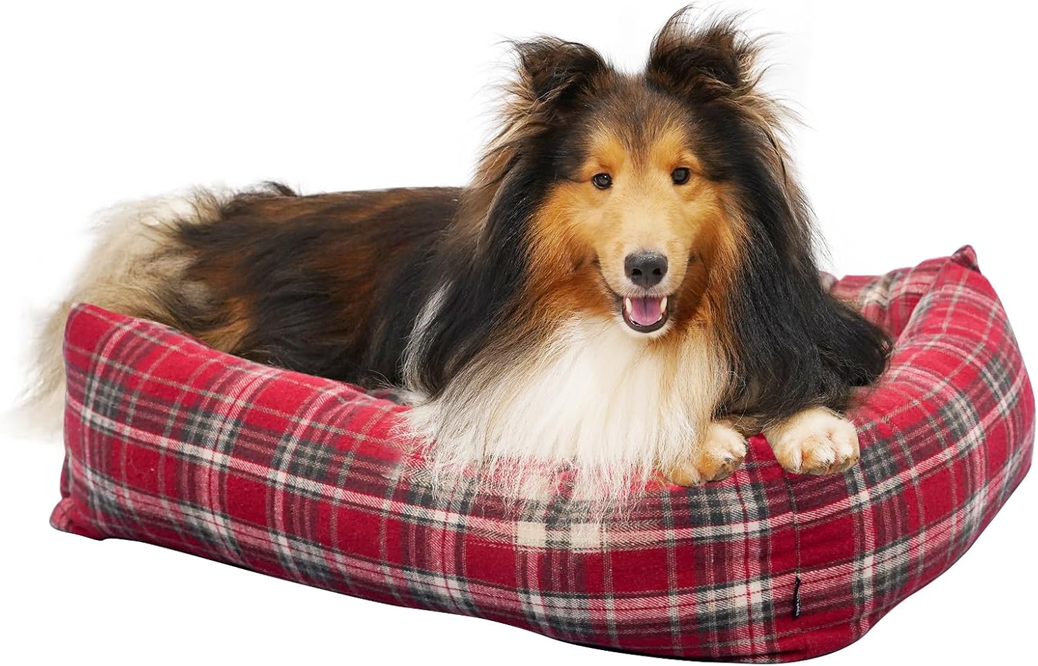 Rectangle Dog Bed for Medium to Large Dogs Plush Red Plaid Zipper Removable Machine Washable Cover Anti-Slip Bottom 35 x 25 x 10 Inches