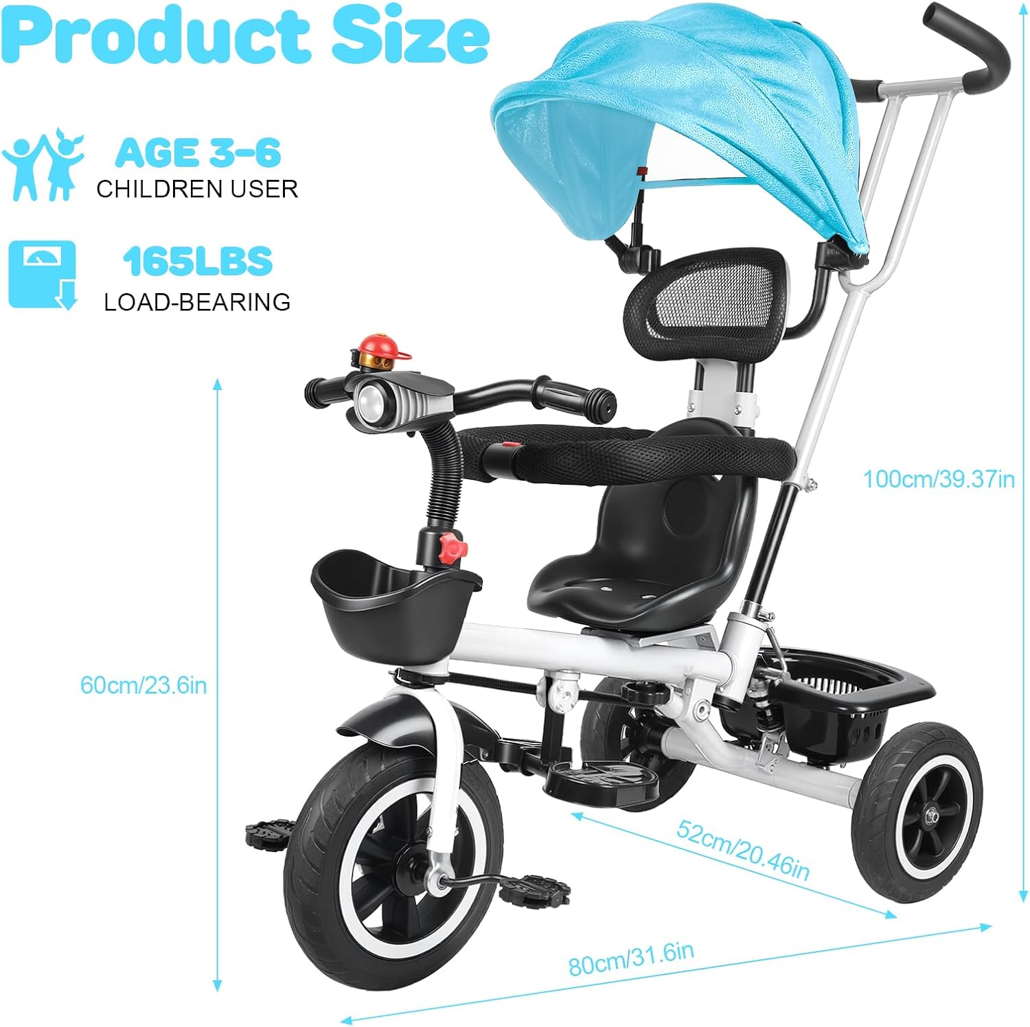 Folding Kids Tricycle with Adjustable Push Handle, Removable Canopy, 165 lbs Capacity, 6-in-1 Baby Trike for Ages 3-6, Storage Basket, Music Headlights (Blue)