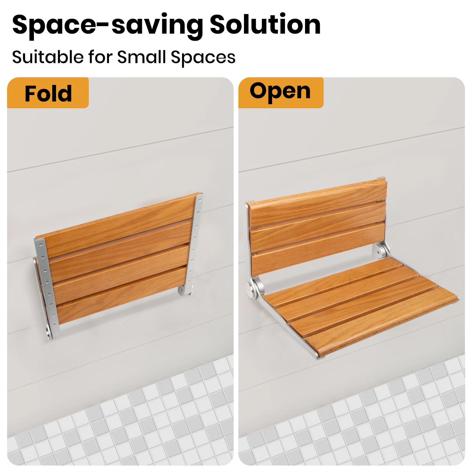 Asiento de ducha plegable montado en la pared, silla de ducha plegable de 16 pulgadas, silla de madera maciza, marco de acero inoxidable, 400 libras, asiento de ducha plegable que ahorra espacio