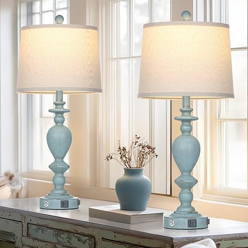 Miniatura 4 de 27.5" Coastal Table Lamp for Living Room Set of 2,Retro Blue Bedside Nightstand Lamps with USB C+A Ports & AC Outlet,3-Way Dimmable Touch Control