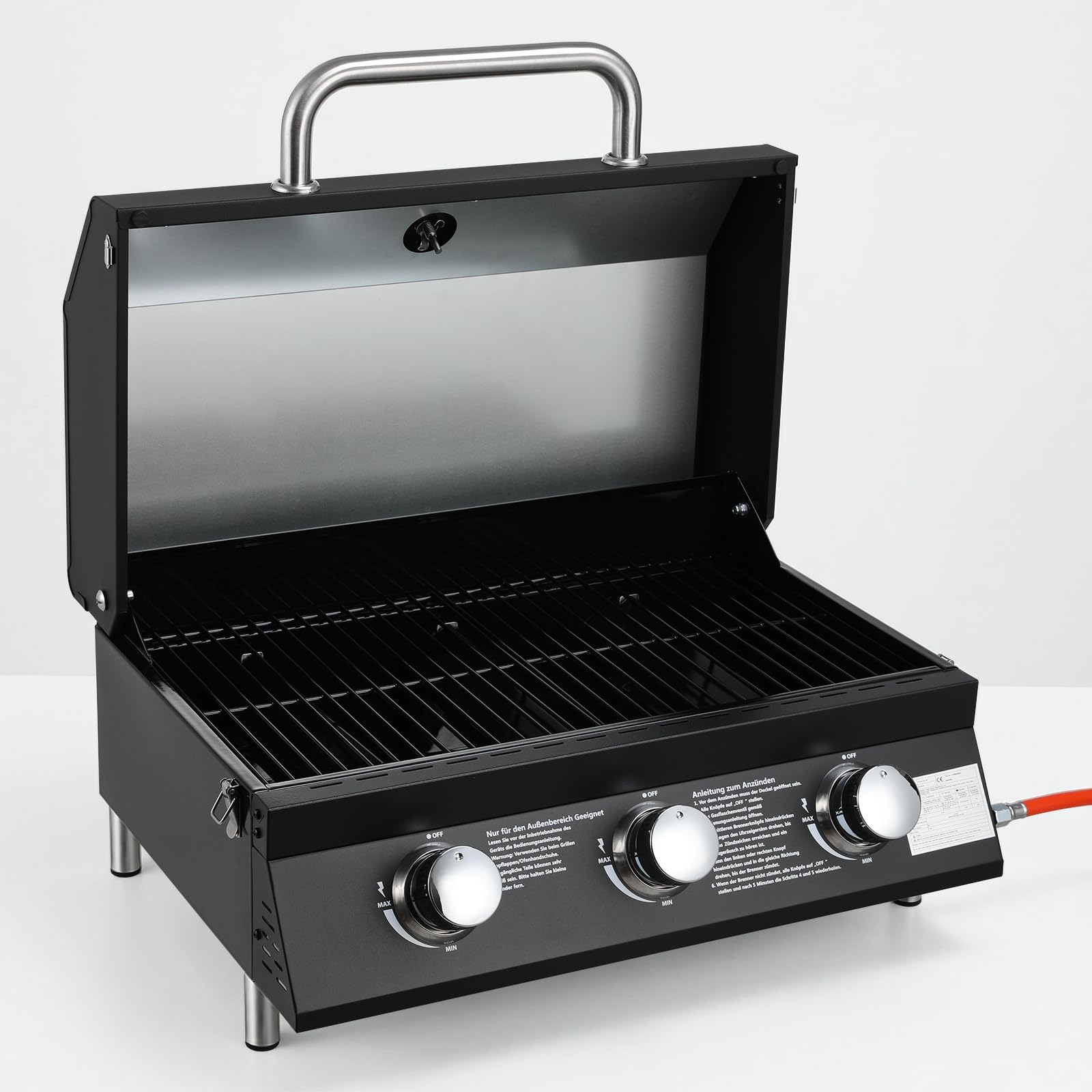 TLSUNNY 3 Brenner Gasgrill Klein, Kompakt Tischgasgrill mit Emaillierter Grillrost, Thermometer, Camping Gasgrill Tragbarer für BBQ, Balkon, Garten, 6.6kW, 60 x 33 cm Grillfläche, 4PCS Füße, Schwarz