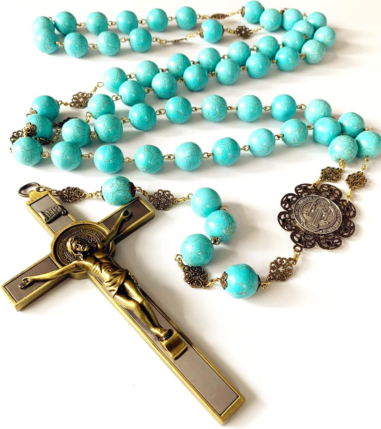 elegantmedical HANDMADE COPPER Home Wall Rosary Large 20mm blue howlite beads St.Benedict cross/crucifix box Catholic GIFTS (Blue)
