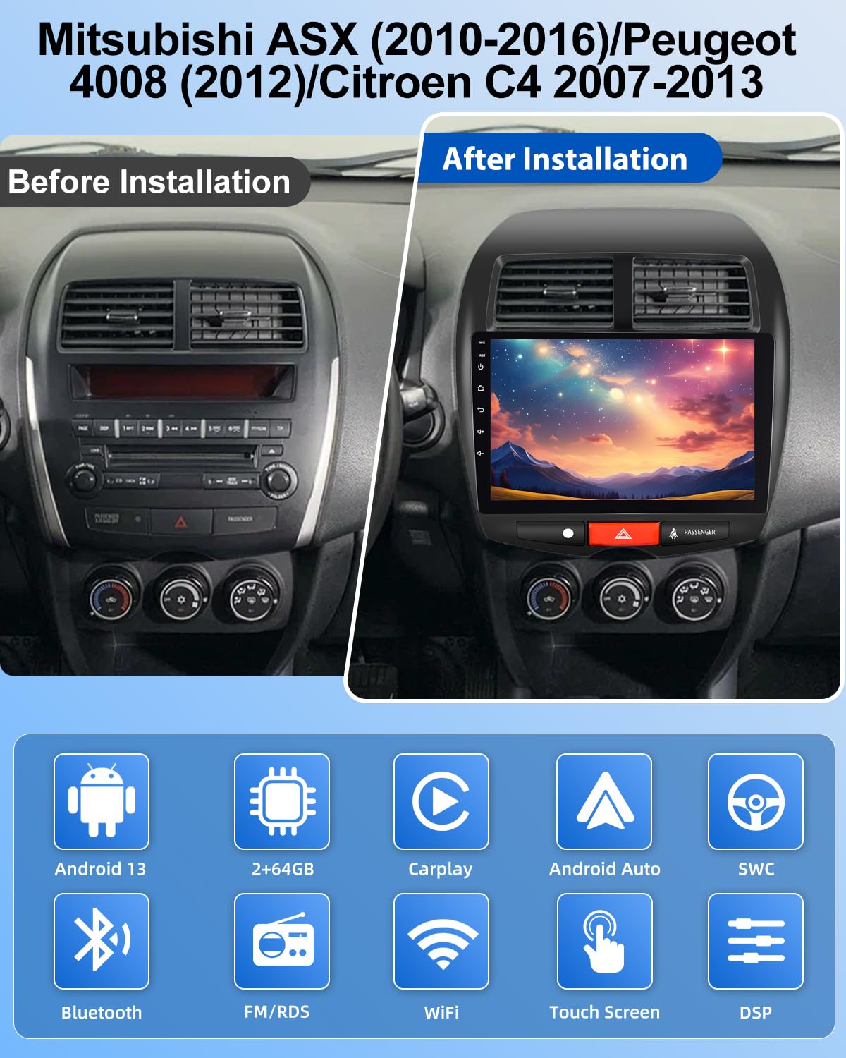 NHOPEEW Autoradio 2+64G per Mitsubishi ASX 2010-2016/Peugeot 4008 2012/Citroen C4 2007-2013 - Carplay senza fili e Android Auto - Stereo Android da 10,1 pollici con WiFi EQ GPS Mirror Link FM RDS