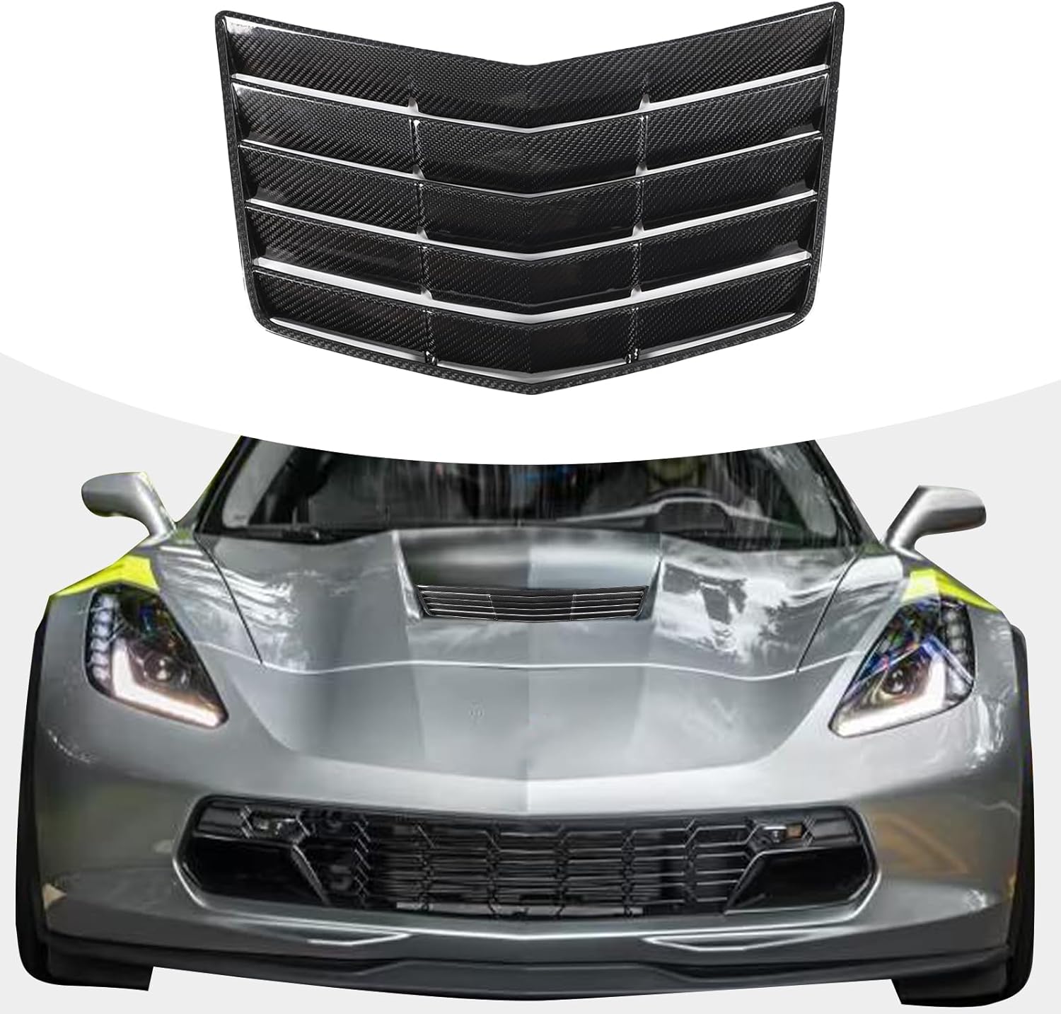 100% Real Carbon Fiber Front Hood Vent Louver Trim Cover Compatible with Chevrolet Corvette C7 Z51 Stingray Grand Sport Models 2014-2019 Hood Vent Scoop Duct Bezel Grille Engine Cover